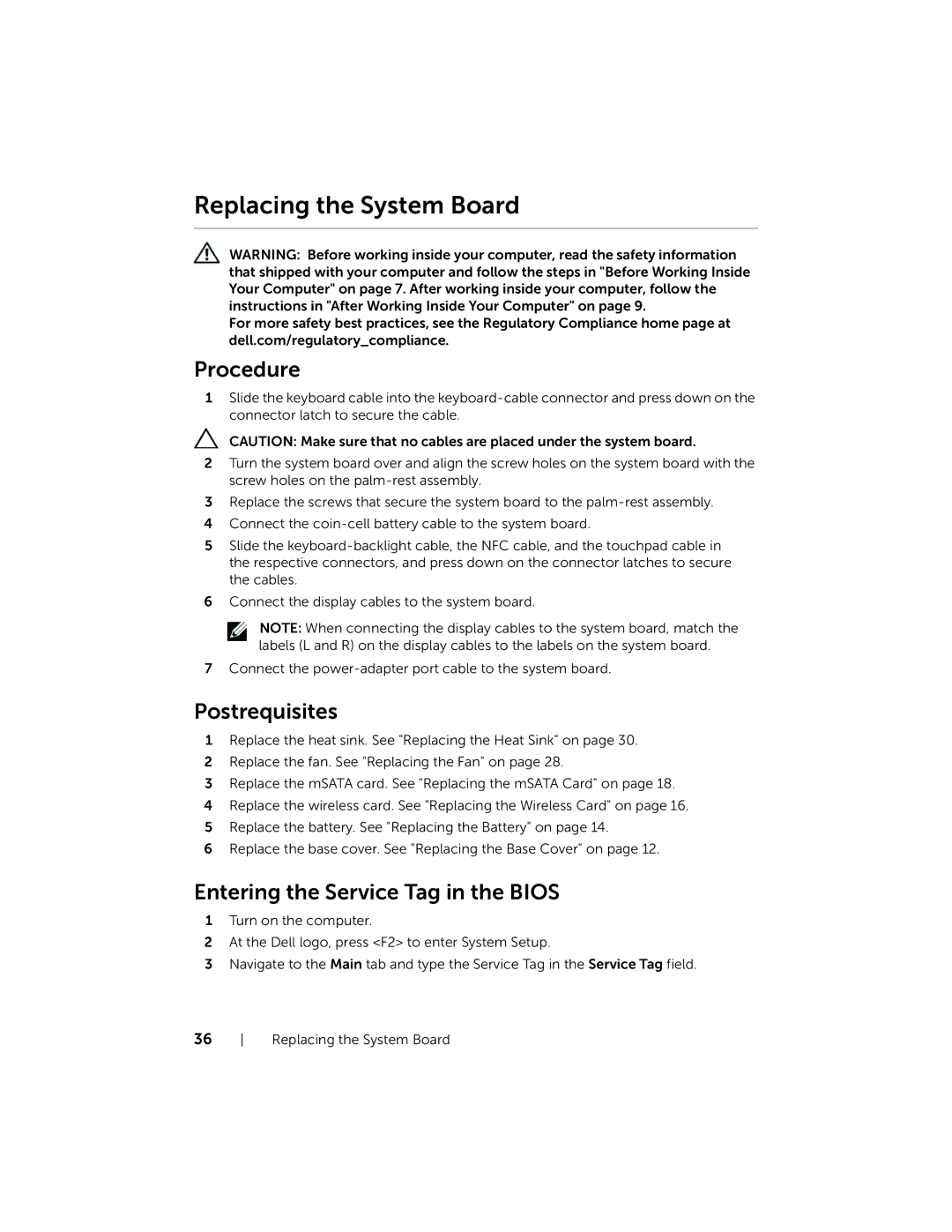 Dell XPSU125327CR manual Replacing the System Board, Entering the Service Tag in the Bios 