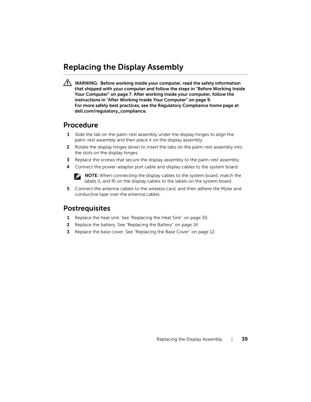 Dell XPSU125327CR manual Replacing the Display Assembly 