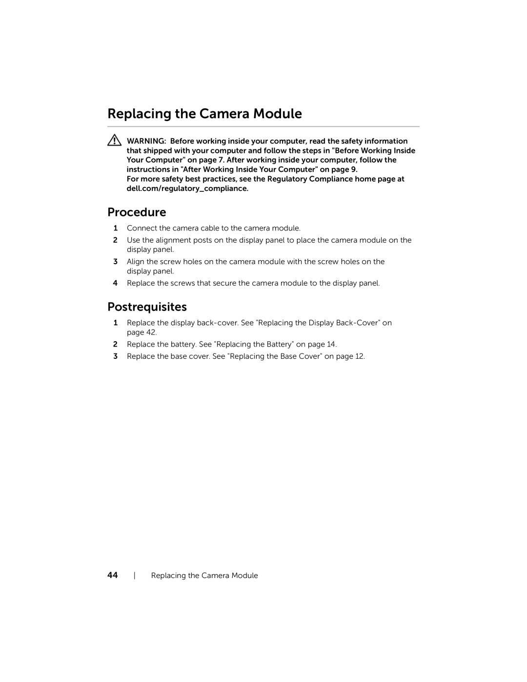 Dell XPSU125327CR manual Replacing the Camera Module 