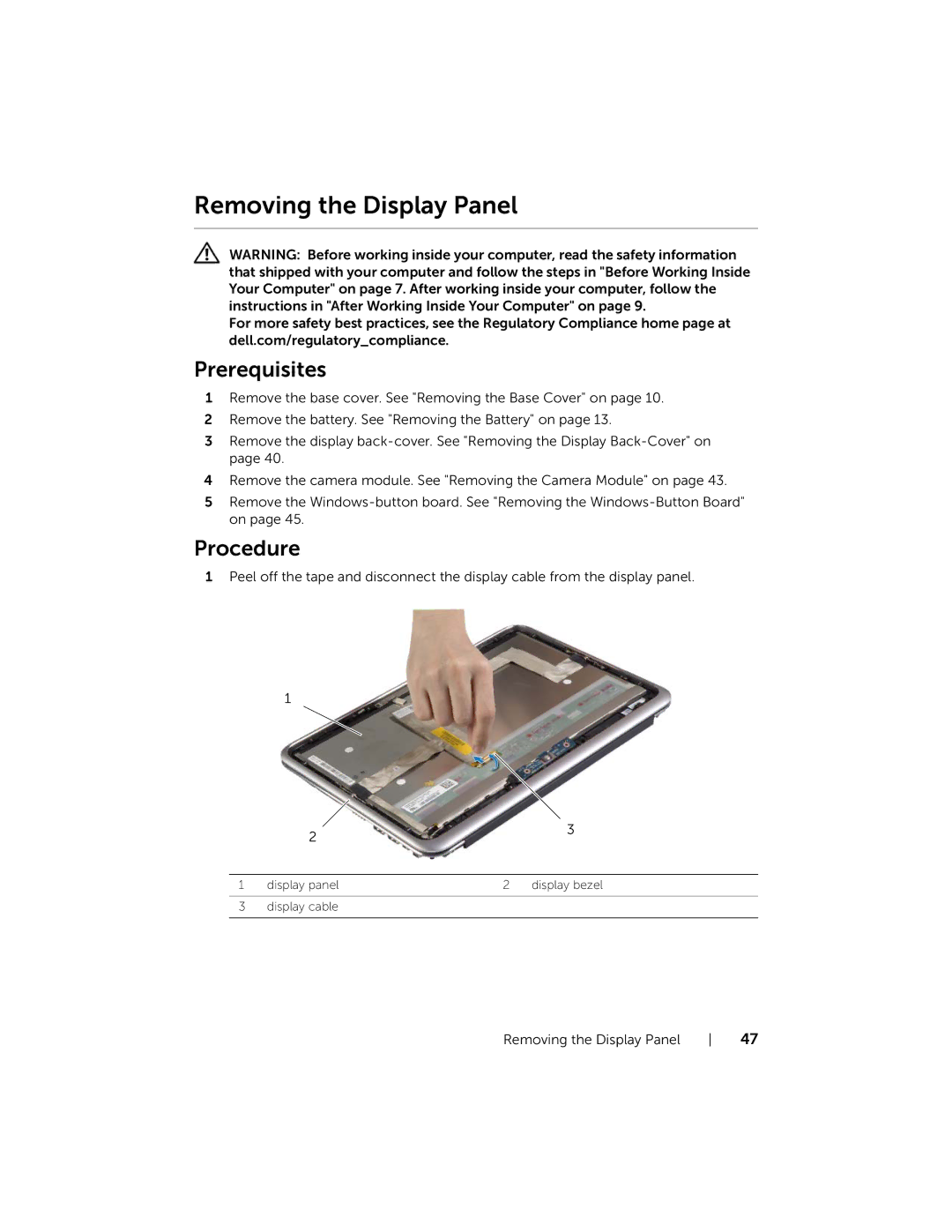 Dell XPSU125327CR manual Removing the Display Panel 