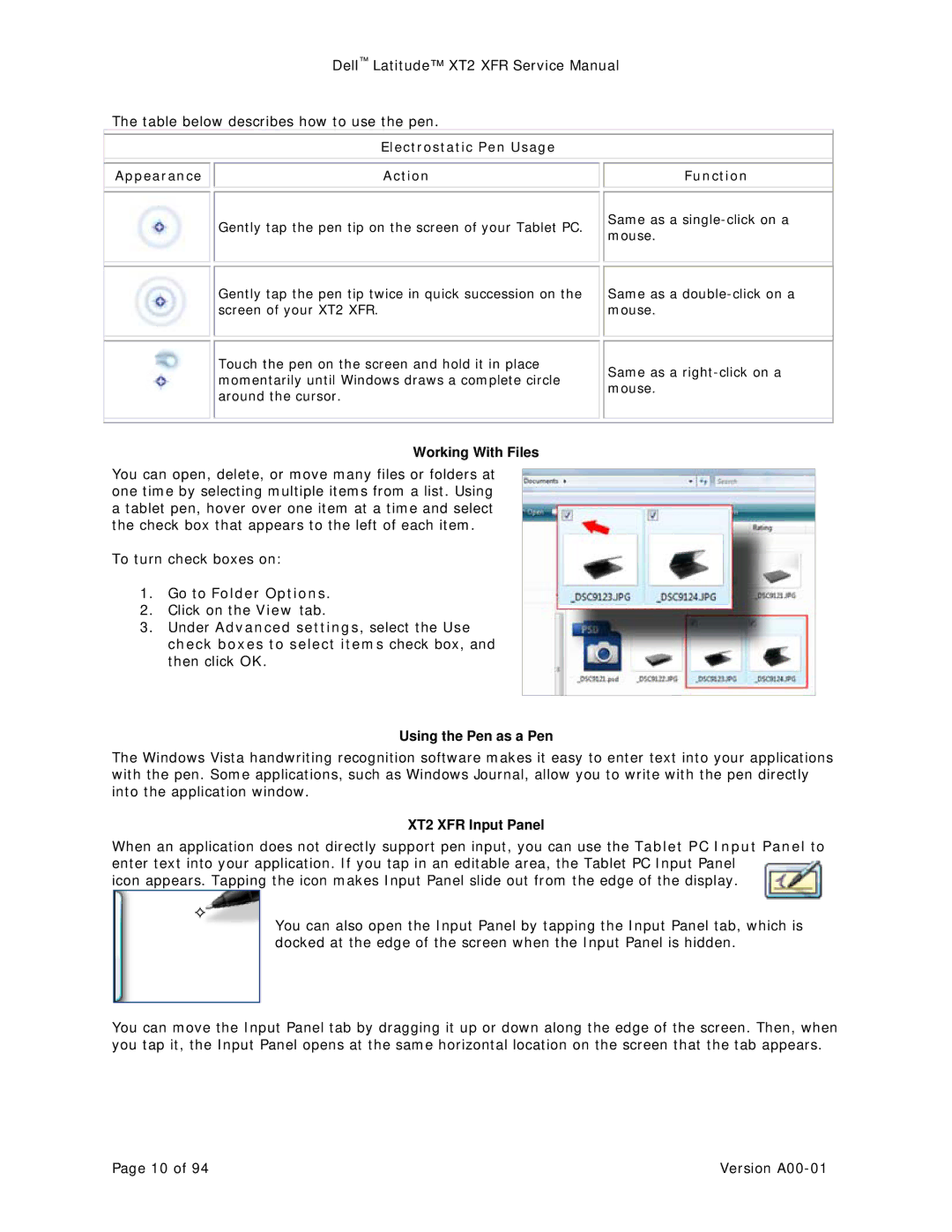 Dell XT2 XFR service manual Table below describes how to use the pen, Go to Folder Options 