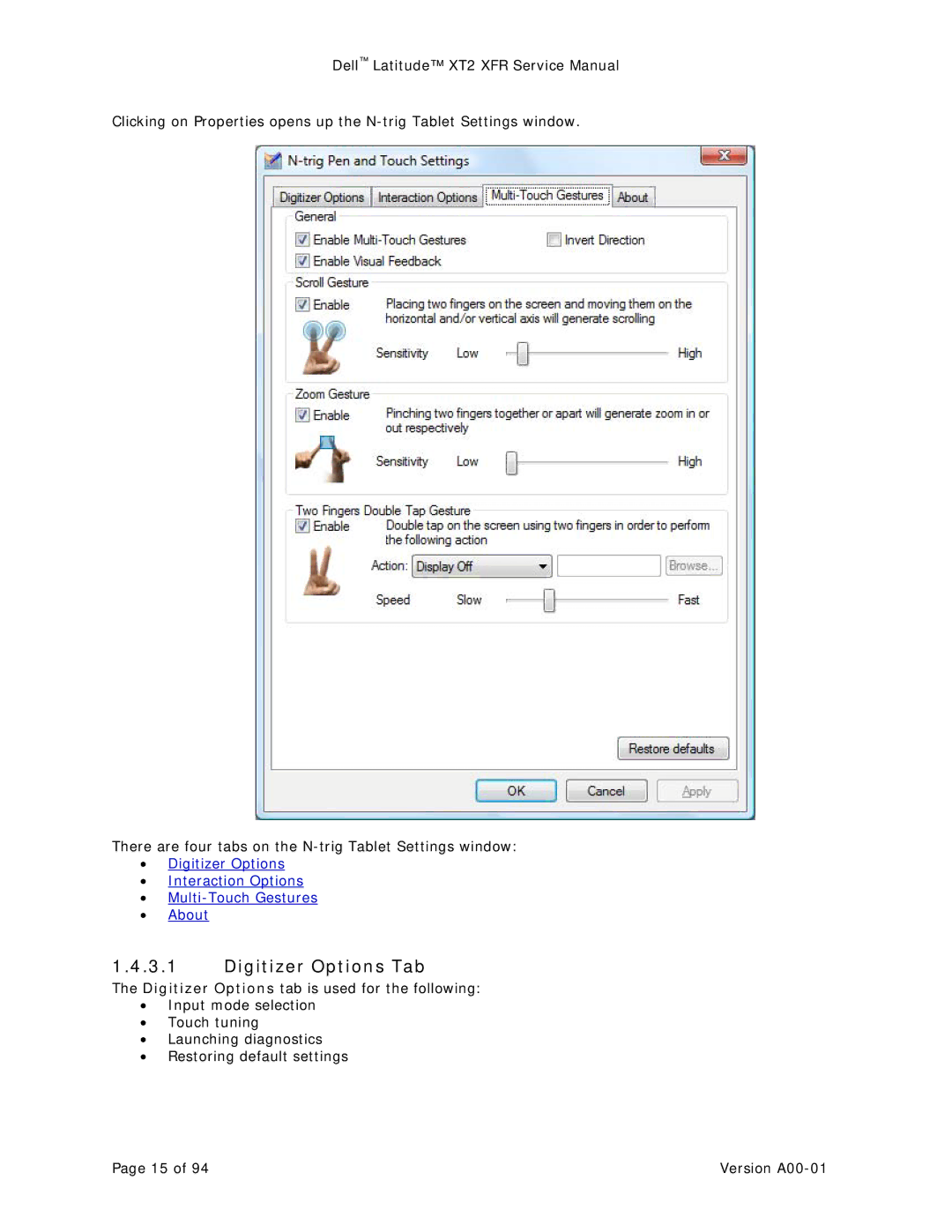 Dell XT2 XFR service manual Digitizer Options Tab 