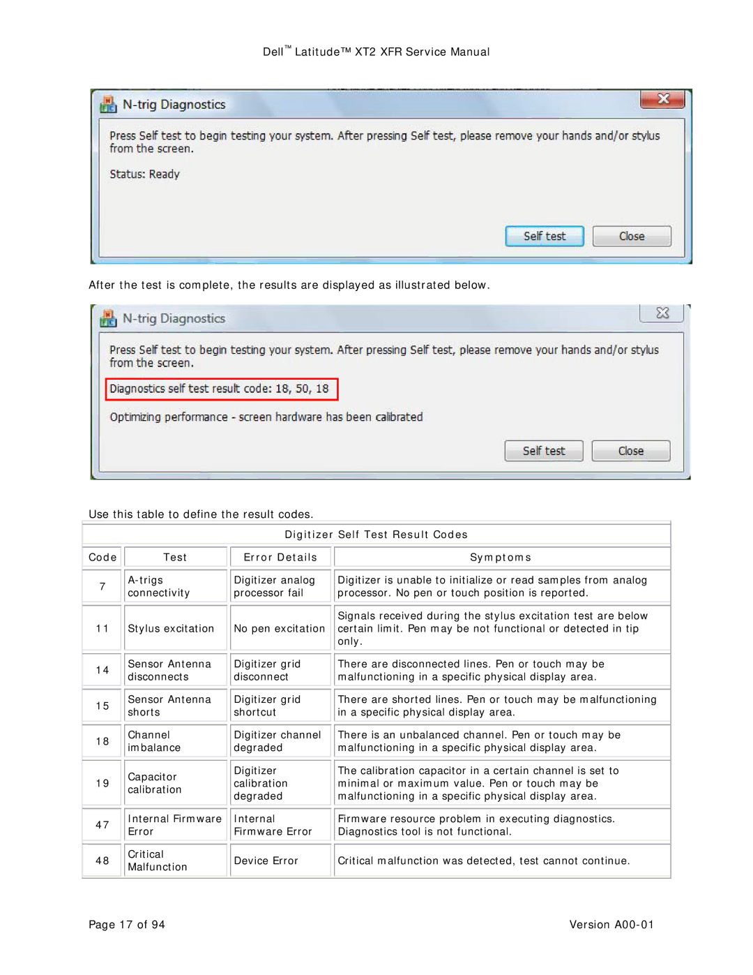 Dell XT2 XFR service manual Digitizer Self Test Result Codes Error Details Symptoms 