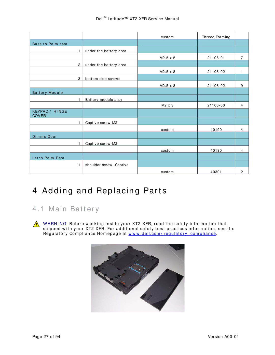 Dell XT2 XFR service manual Main Battery, Base to Palm rest 