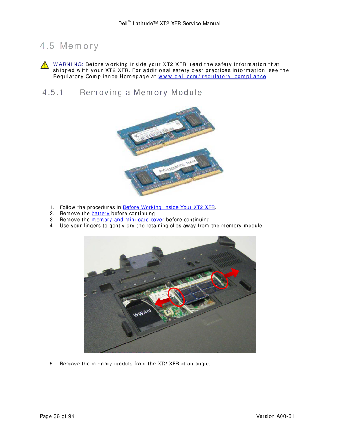 Dell XT2 XFR service manual Removing a Memory Module 