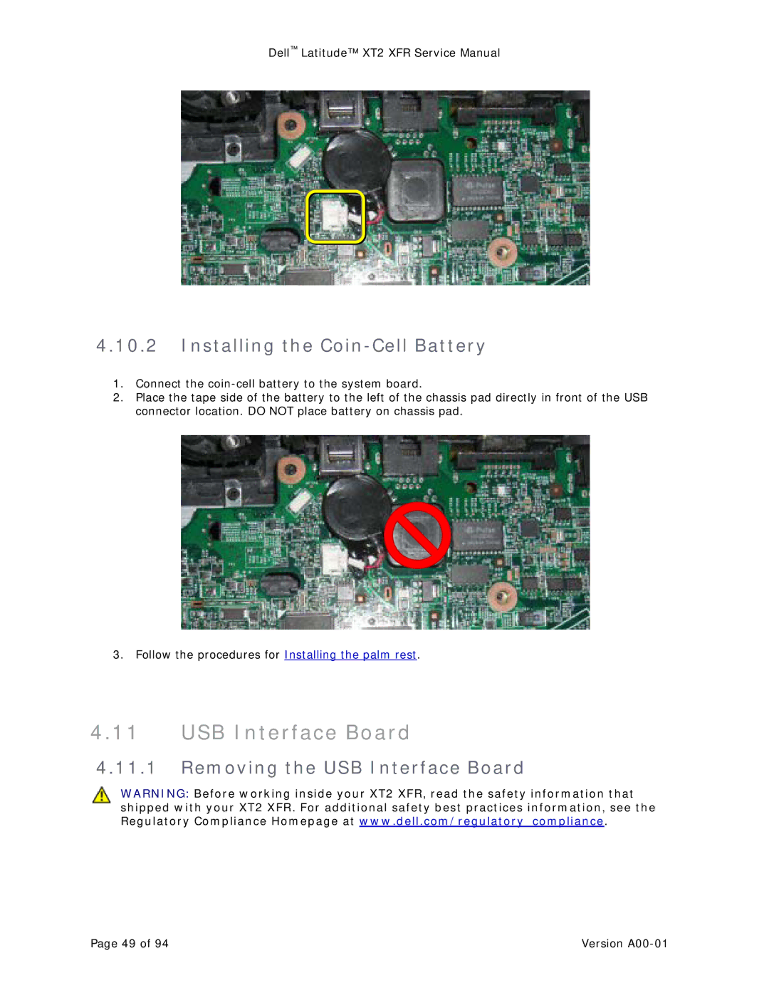 Dell XT2 XFR service manual Installing the Coin-Cell Battery, Removing the USB Interface Board 