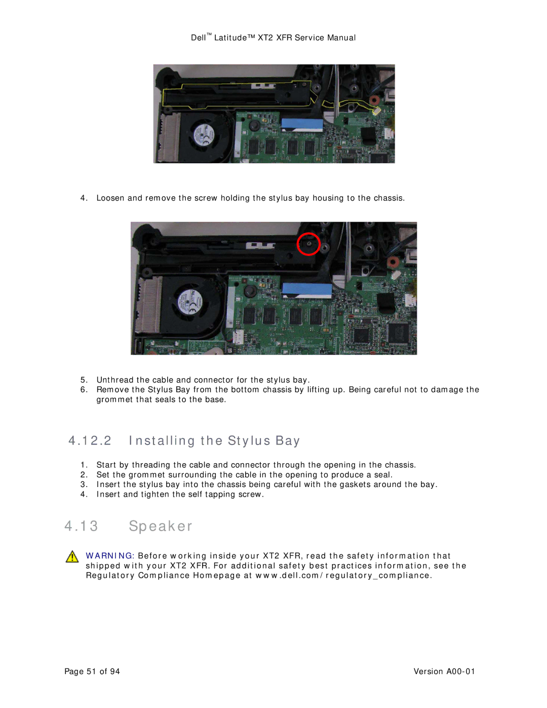 Dell XT2 XFR service manual Speaker, Installing the Stylus Bay 