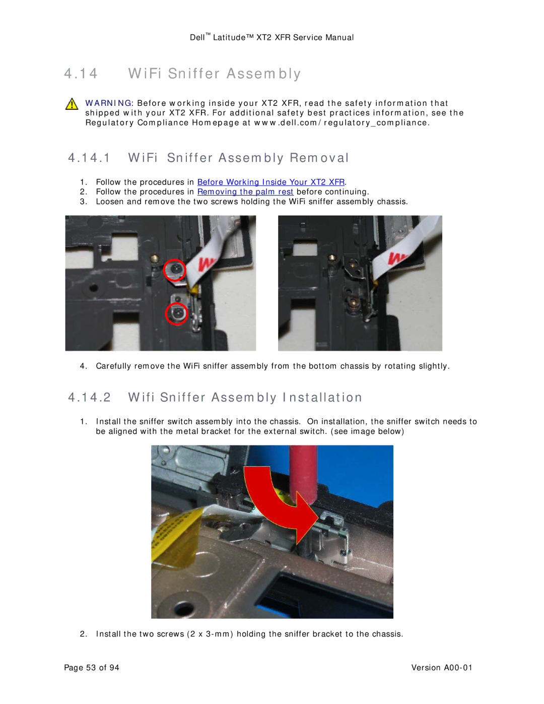 Dell XT2 XFR service manual WiFi Sniffer Assembly Removal, Wifi Sniffer Assembly Installation 