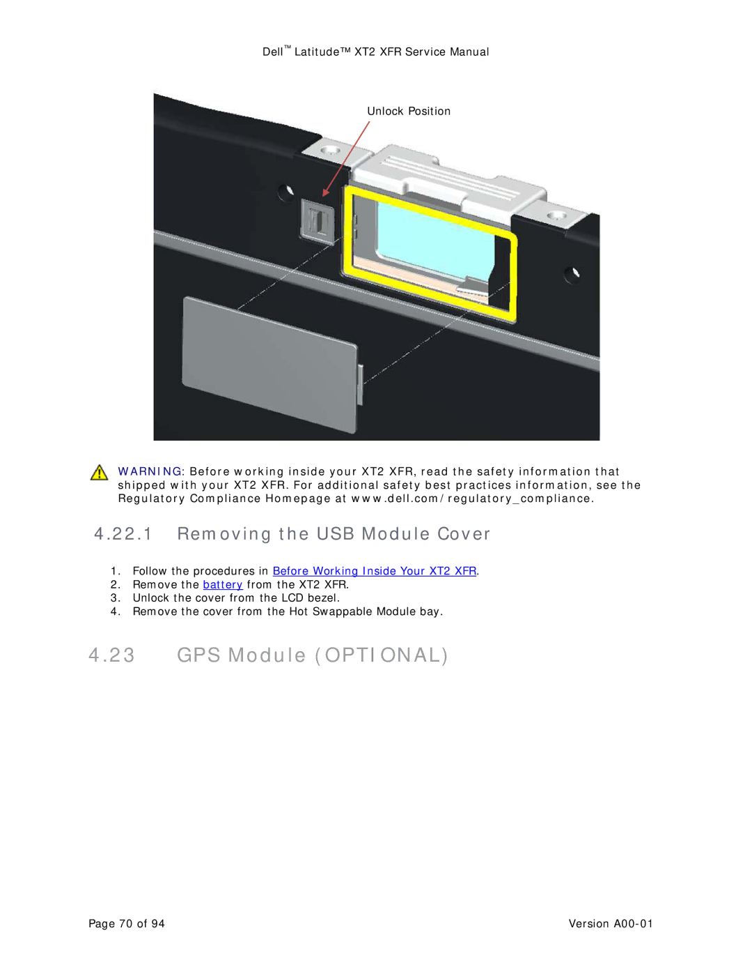 Dell XT2 XFR service manual GPS Module Optional, Removing the USB Module Cover 