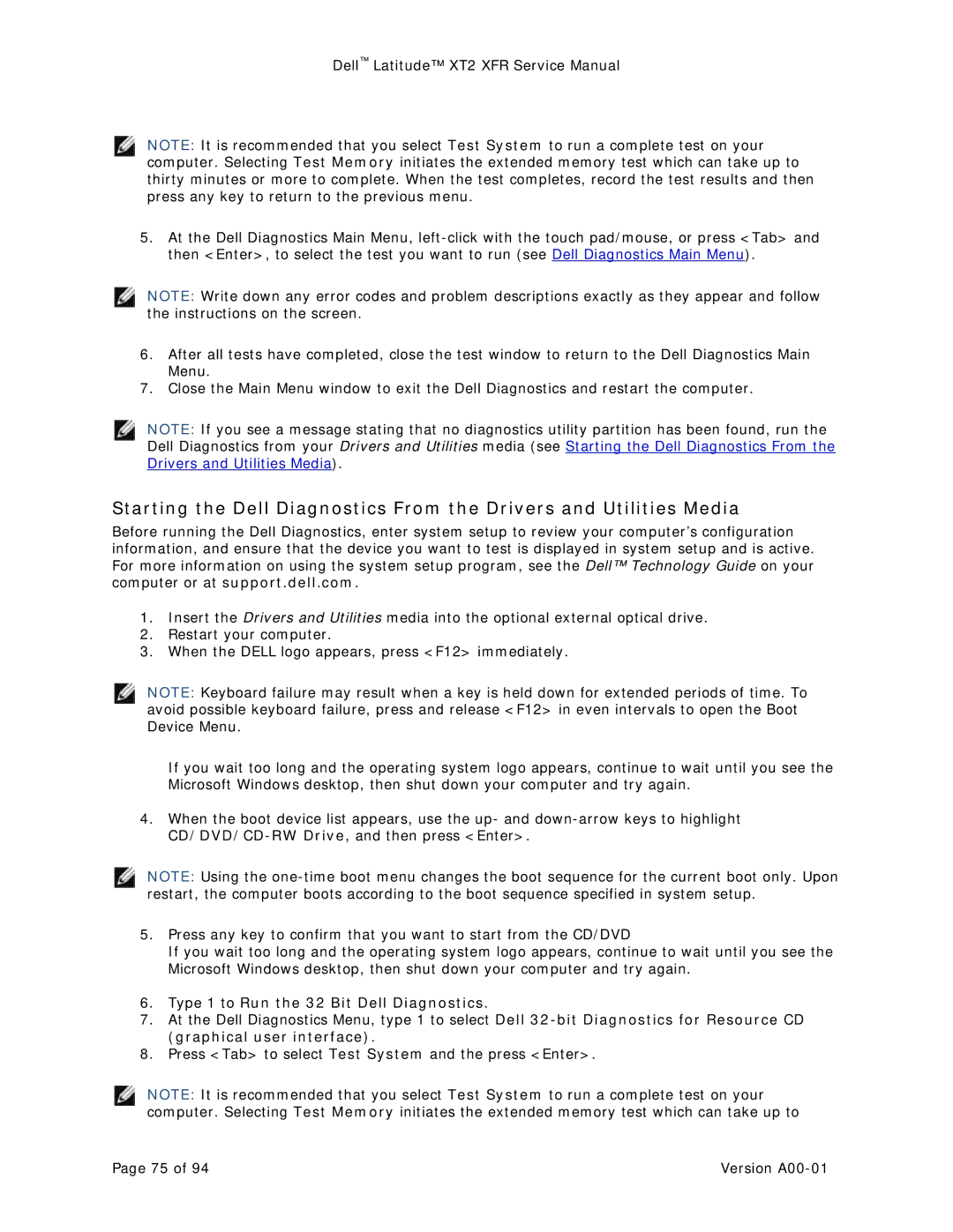 Dell XT2 XFR service manual Type 1 to Run the 32 Bit Dell Diagnostics 