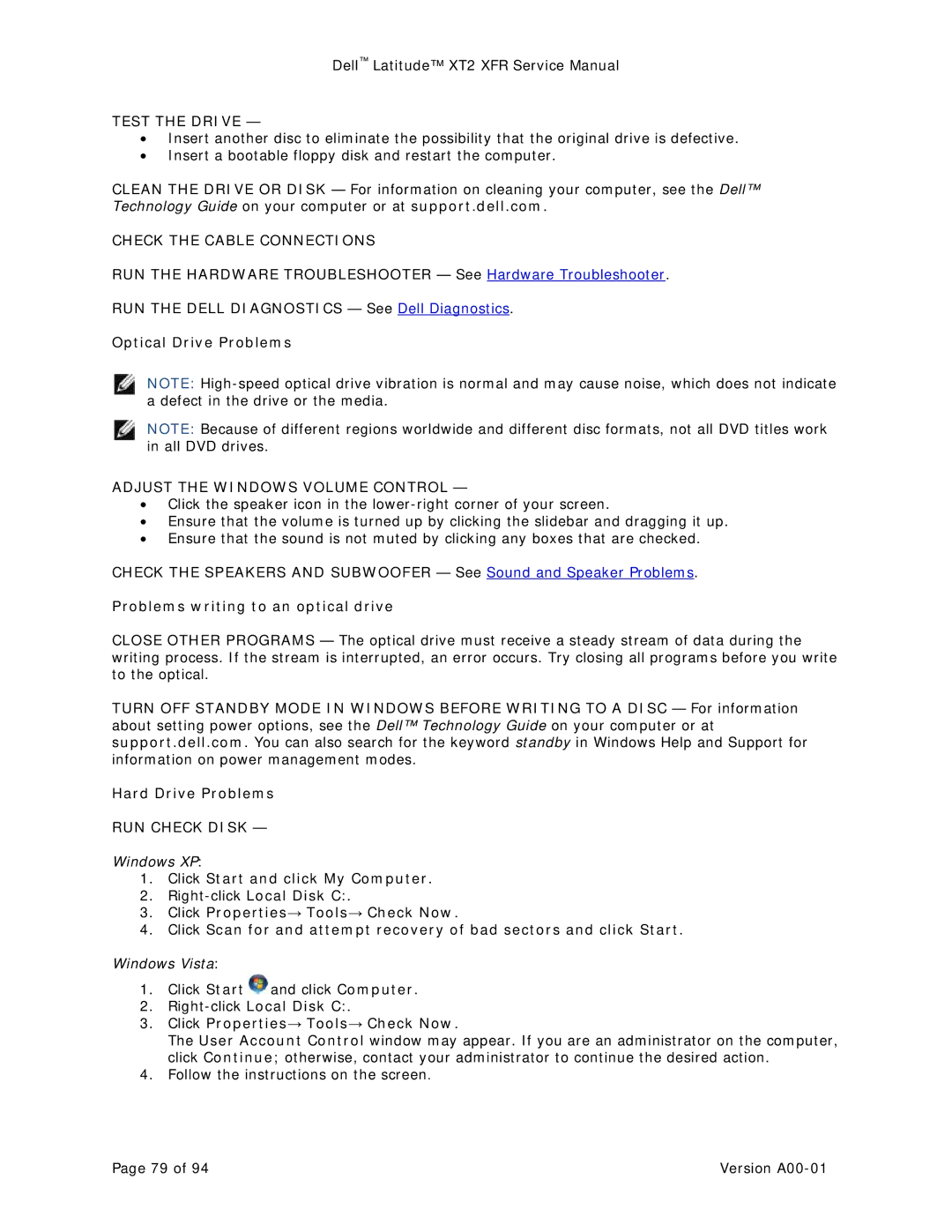 Dell XT2 XFR service manual Test the Drive, Check the Cable Connections, Adjust the Windows Volume Control, RUN Check Disk 