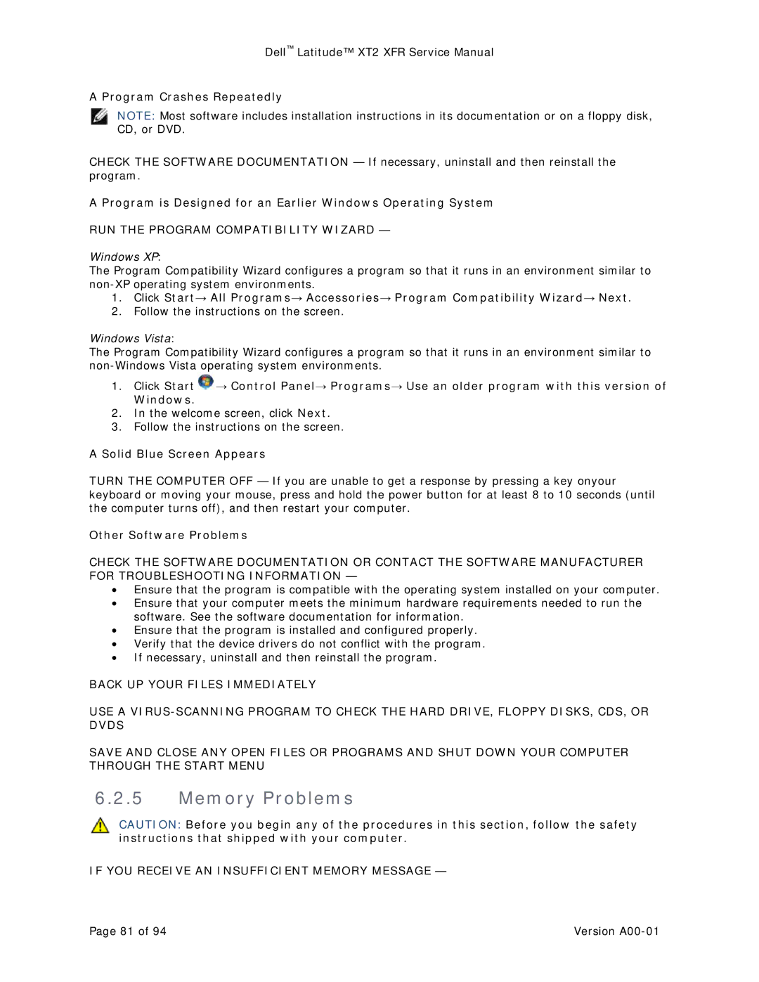 Dell XT2 XFR Memory Problems, RUN the Program Compatibility Wizard, If YOU Receive AN Insufficient Memory Message 