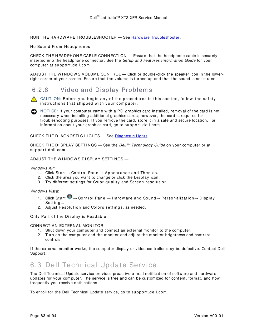 Dell XT2 XFR service manual Dell Technical Update Service, Video and Display Problems, Adjust the Windows Display Settings 