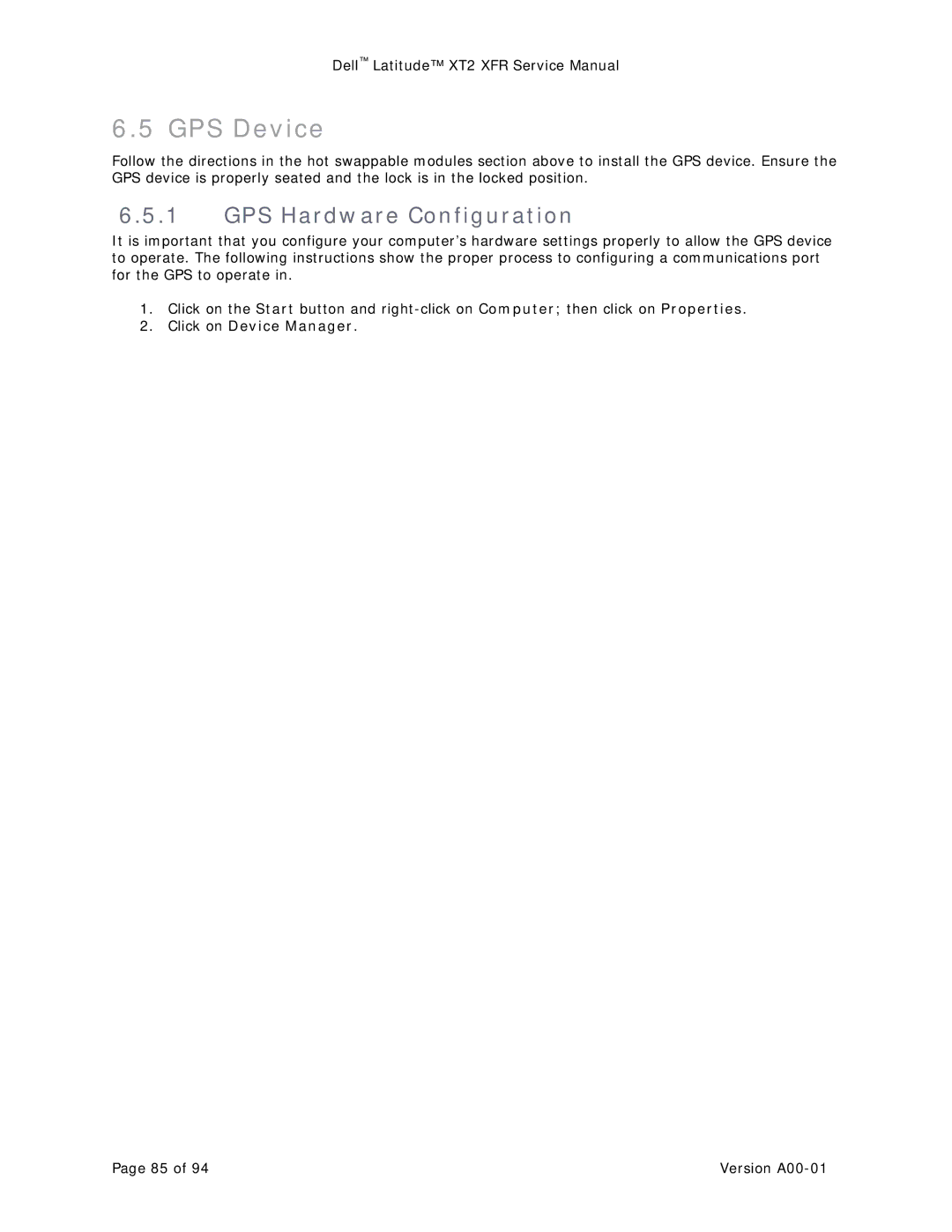 Dell XT2 XFR service manual GPS Device, GPS Hardware Configuration, Click on Device Manager 