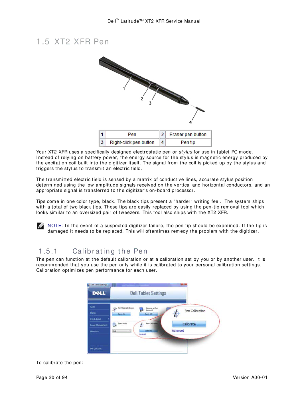 Dell service manual XT2 XFR Pen, Calibrating the Pen 