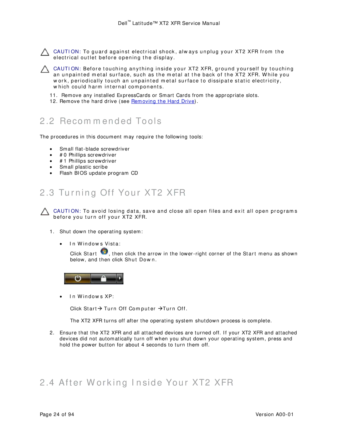 Dell service manual Recommended Tools, Turning Off Your XT2 XFR, After Working Inside Your XT2 XFR, Windows Vista 