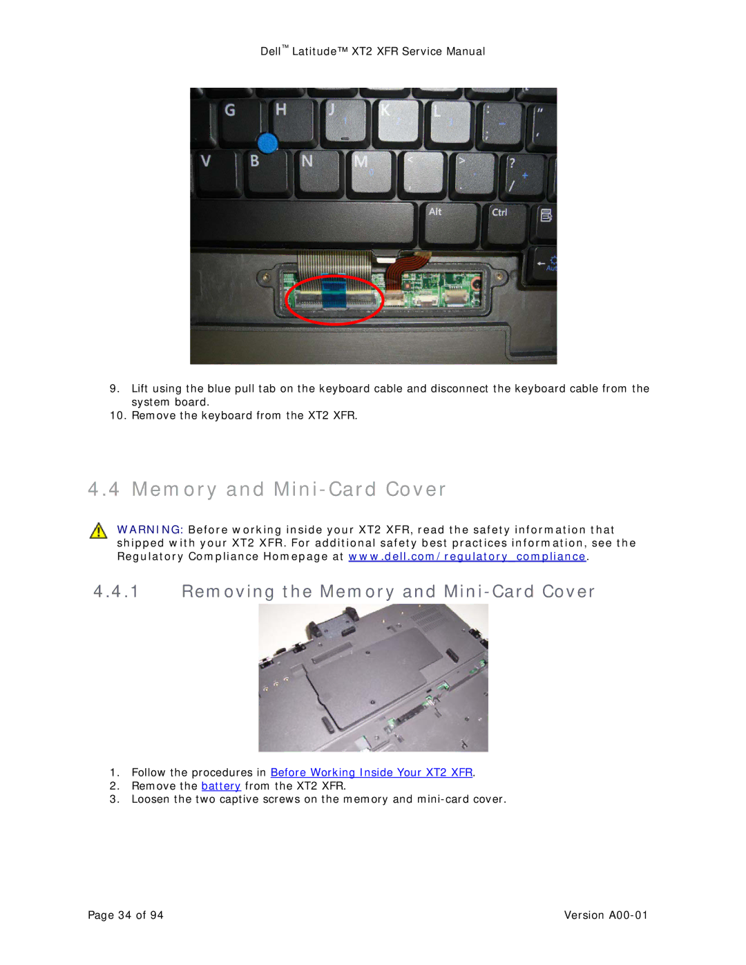 Dell XT2 XFR service manual Removing the Memory and Mini-Card Cover 