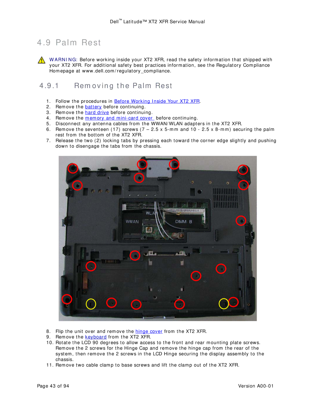 Dell XT2 XFR service manual Removing the Palm Rest 