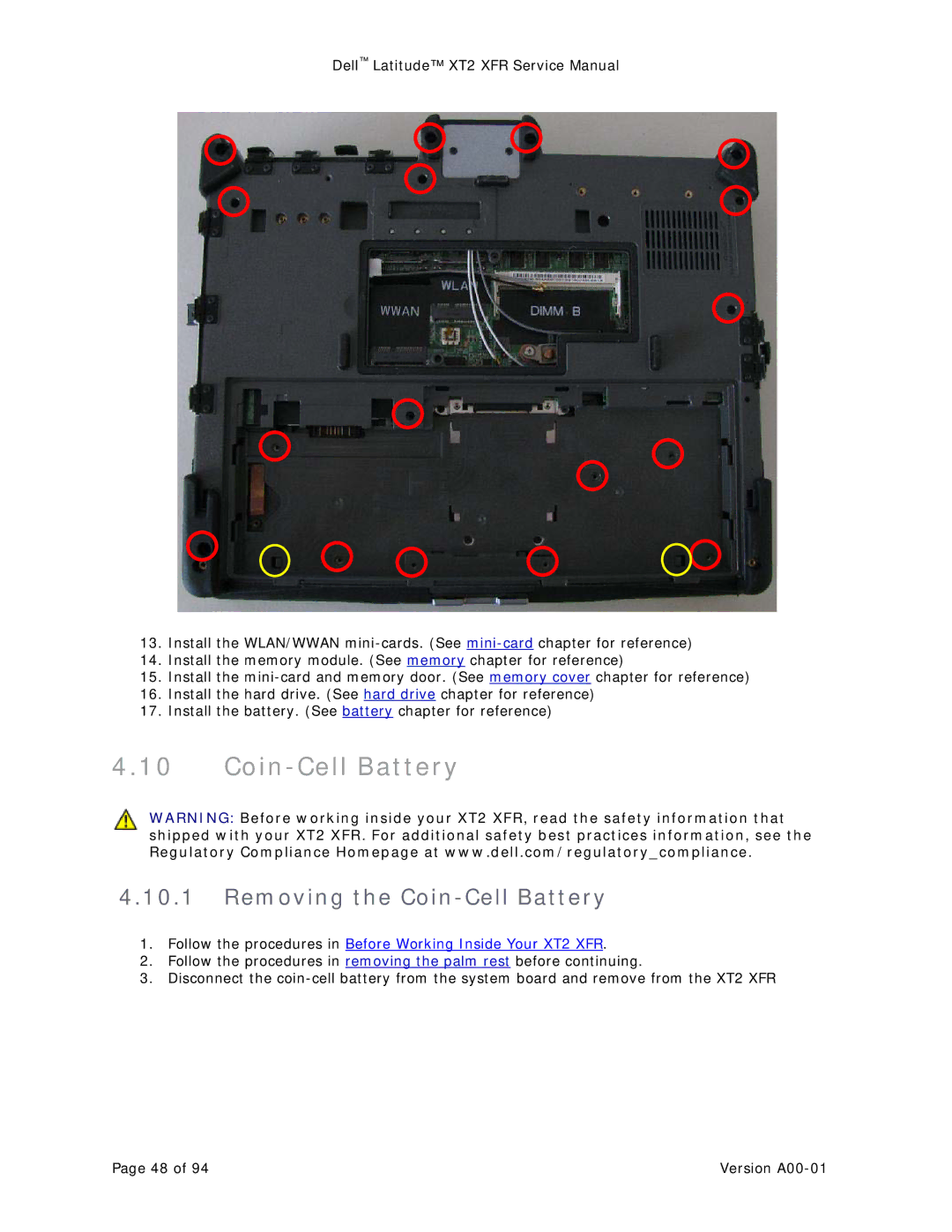 Dell XT2 XFR service manual Removing the Coin-Cell Battery 