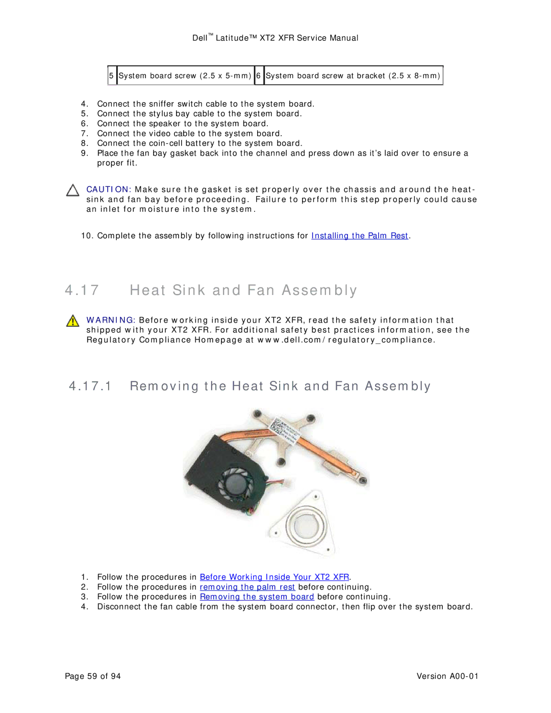 Dell XT2 XFR service manual Removing the Heat Sink and Fan Assembly 