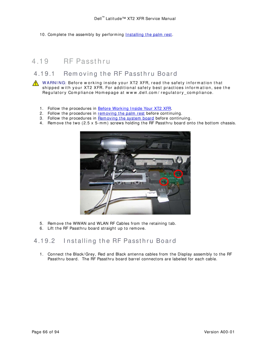 Dell XT2 XFR service manual Removing the RF Passthru Board, Installing the RF Passthru Board 