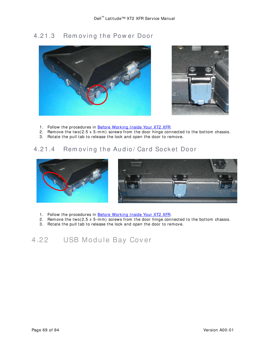 Dell XT2 XFR service manual USB Module Bay Cover, Removing the Power Door, Removing the Audio/Card Socket Door 