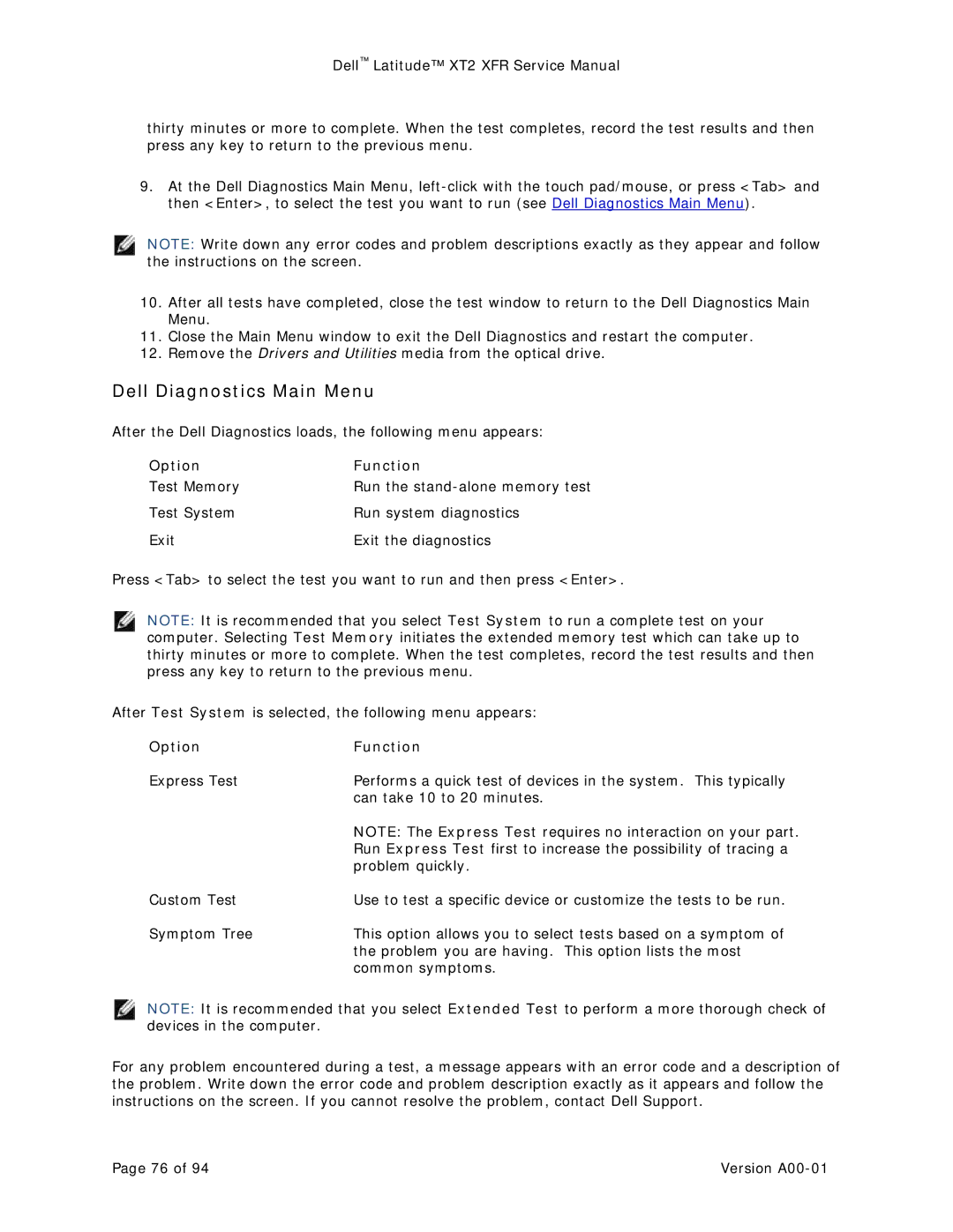 Dell XT2 XFR service manual Dell Diagnostics Main Menu, Option Function 