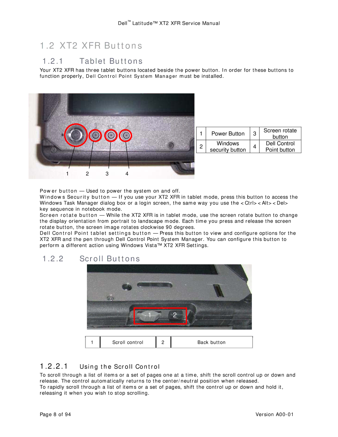 Dell service manual XT2 XFR Buttons, Tablet Buttons, Scroll Buttons 