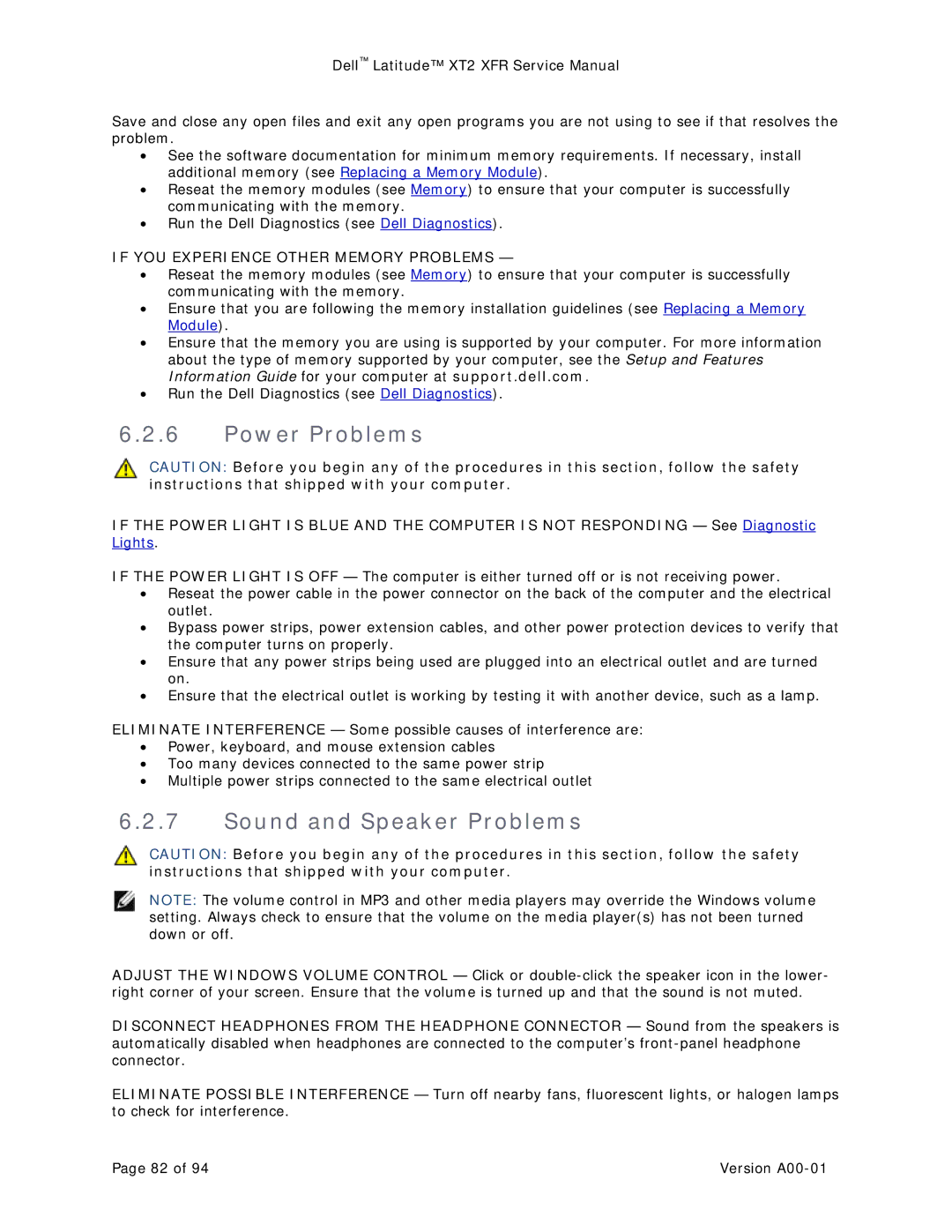 Dell XT2 XFR service manual Power Problems, Sound and Speaker Problems, If YOU Experience Other Memory Problems 