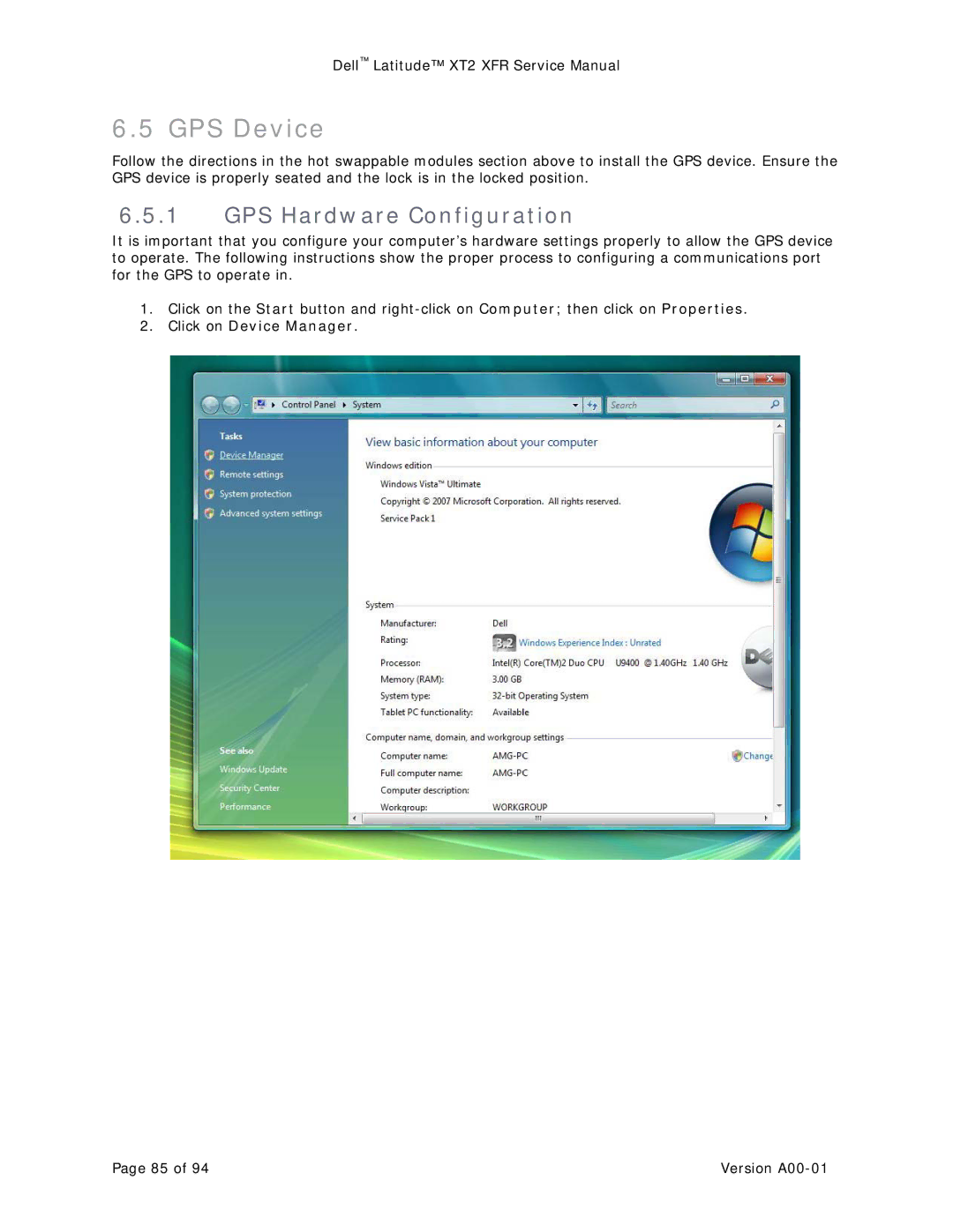 Dell XT2 XFR service manual GPS Device, GPS Hardware Configuration, Click on Device Manager 
