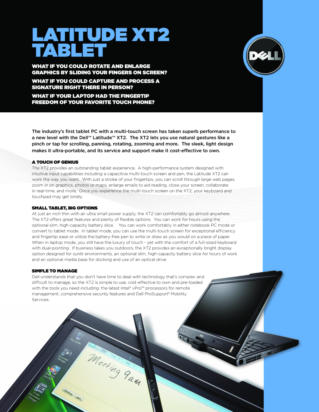 Dell XT2 manual Touch of Genius, Small TABLET, BIG Options, Simple to Manage 