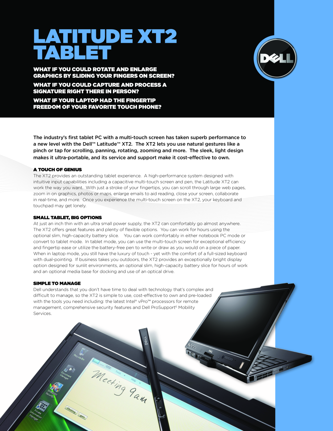 Dell manual LATITUDE XT2 TABLET, A Touch Of Genius, Small Tablet, Big Options, Simple To Manage 