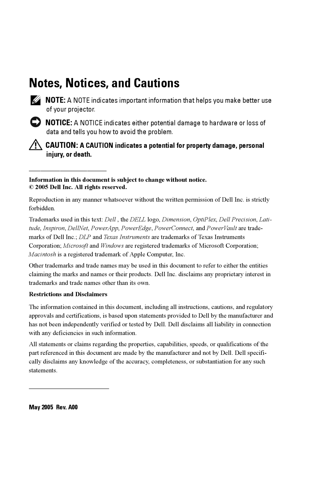 Dell XXX manual Restrictions and Disclaimers 