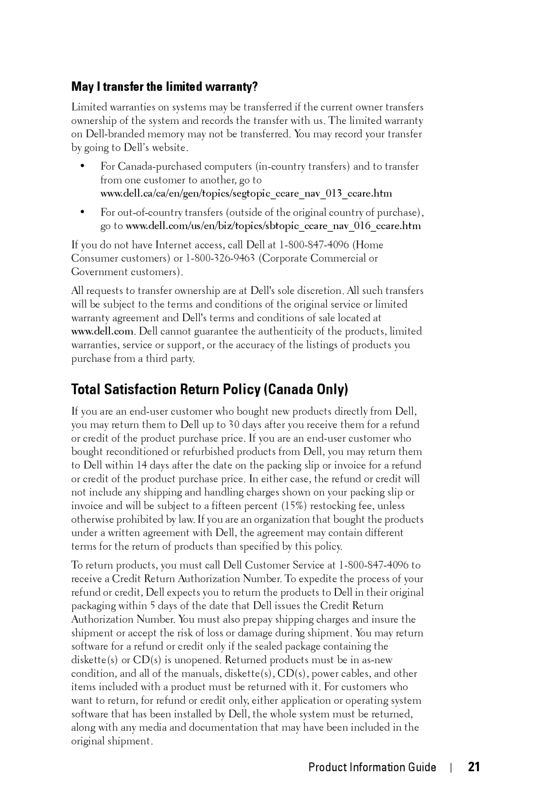 Dell XXX manual Total Satisfaction Return Policy Canada Only, May I transfer the limited warranty? 