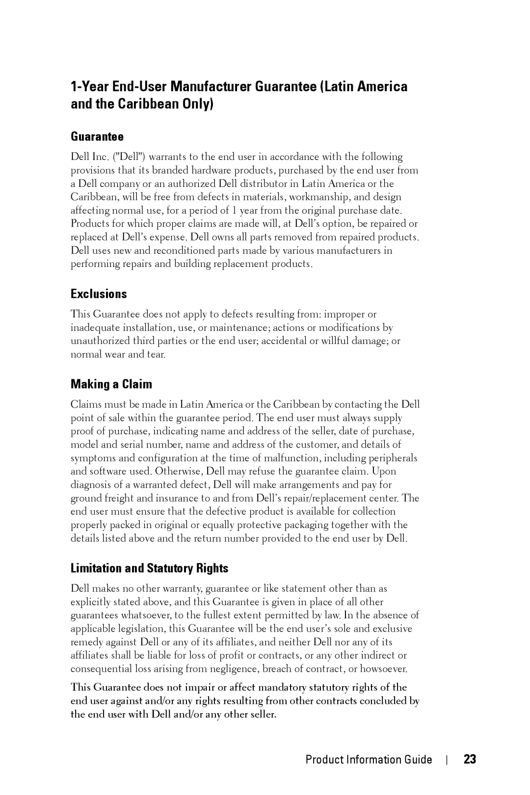 Dell XXX manual Guarantee, Exclusions, Making a Claim, Limitation and Statutory Rights 