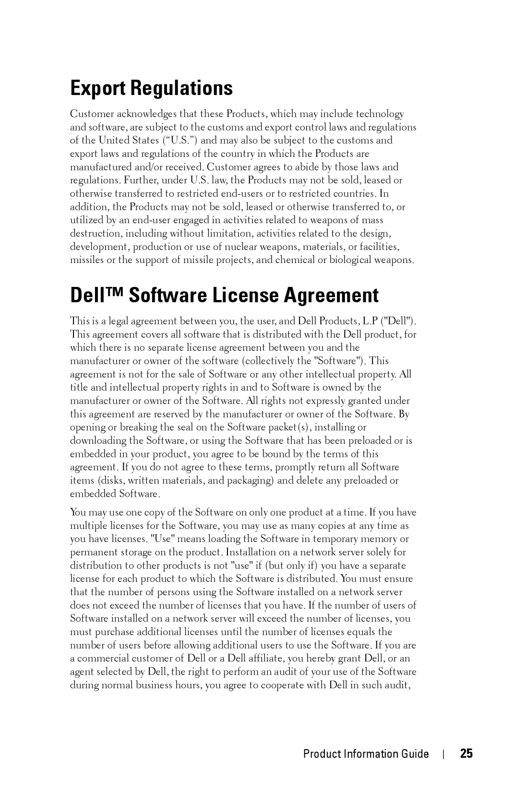 Dell XXX manual Export Regulations, Dell Software License Agreement 