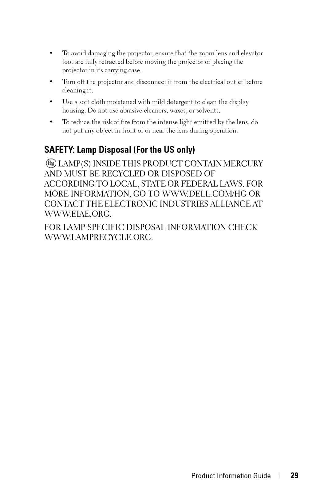 Dell XXX manual Safety Lamp Disposal For the US only 