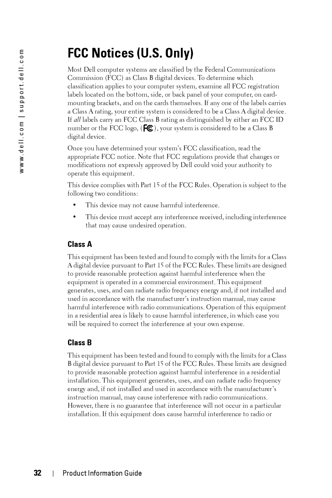 Dell XXX manual FCC Notices U.S. Only, Class a Class B 