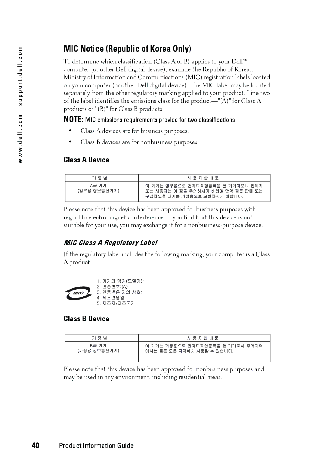 Dell XXX manual MIC Notice Republic of Korea Only, Class a Device, Class B Device 