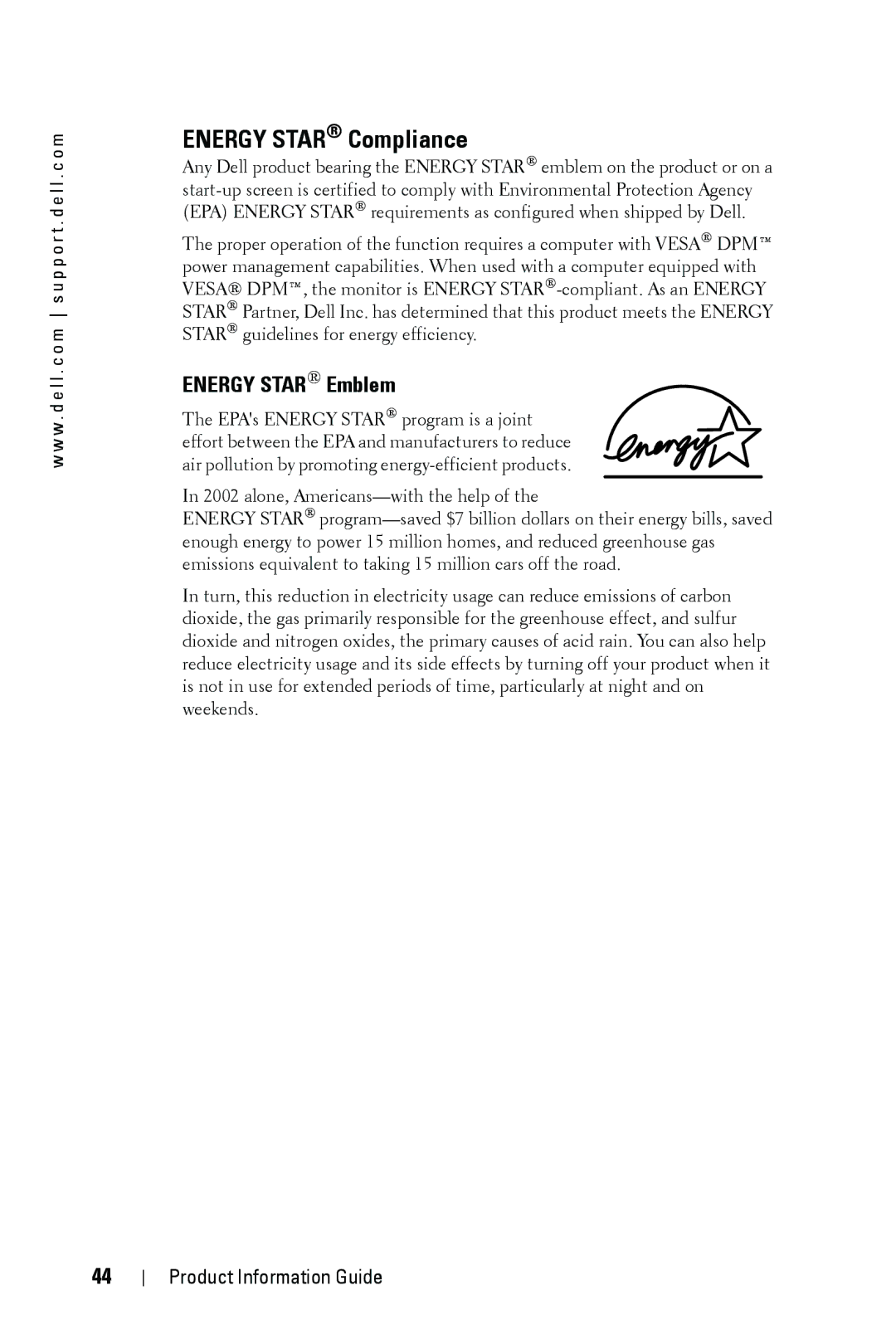 Dell XXX manual Energy Star Compliance, Energy Star Emblem 