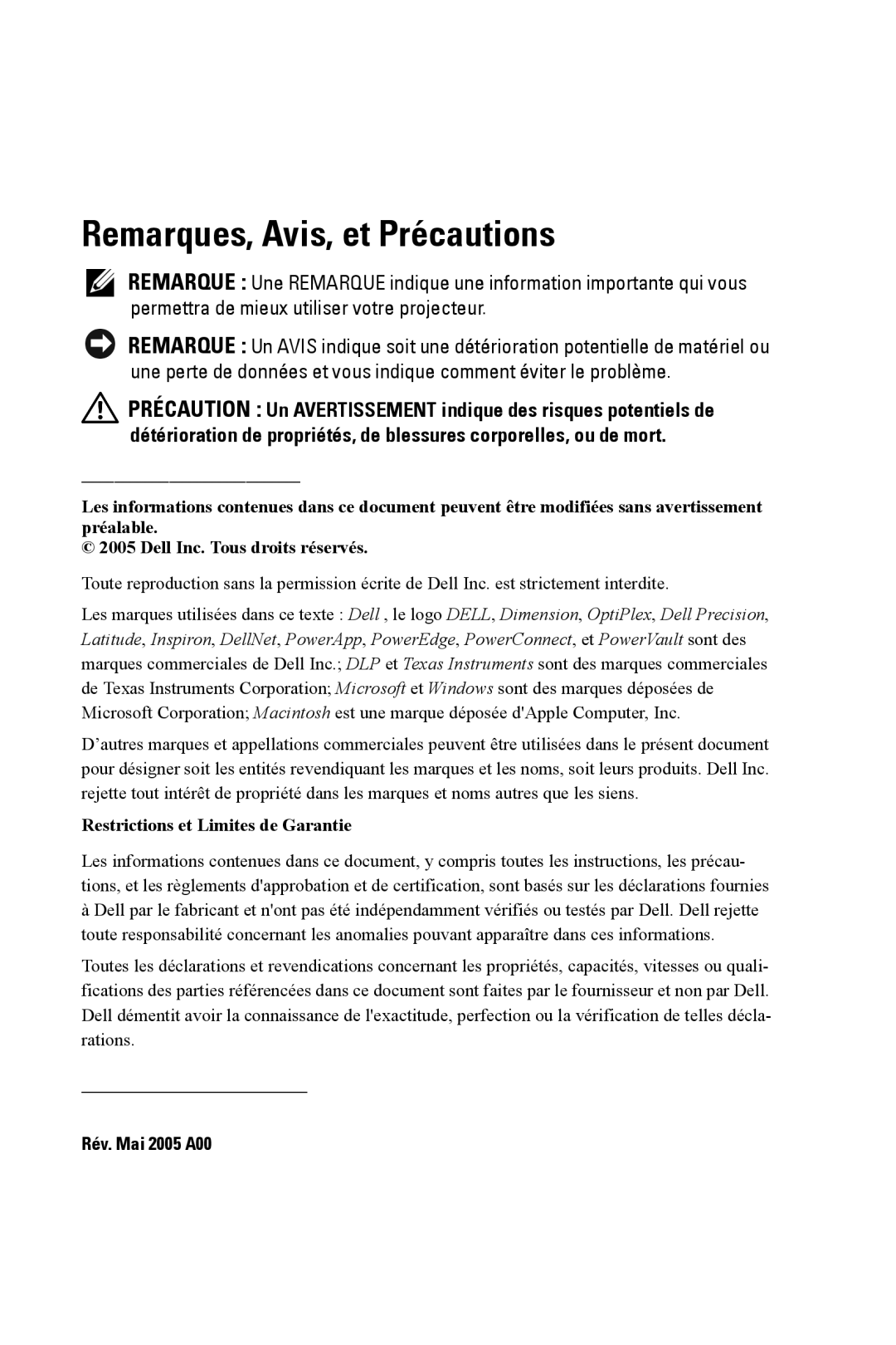 Dell XXX manual Remarques, Avis, et Précautions, Restrictions et Limites de Garantie 