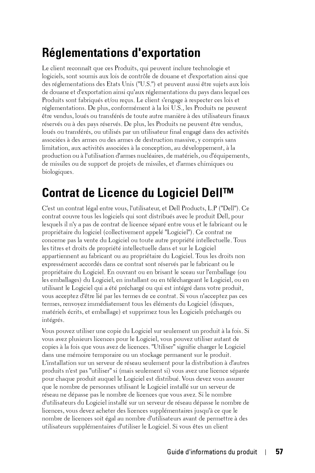 Dell XXX manual Réglementations dexportation, Contrat de Licence du Logiciel Dell 