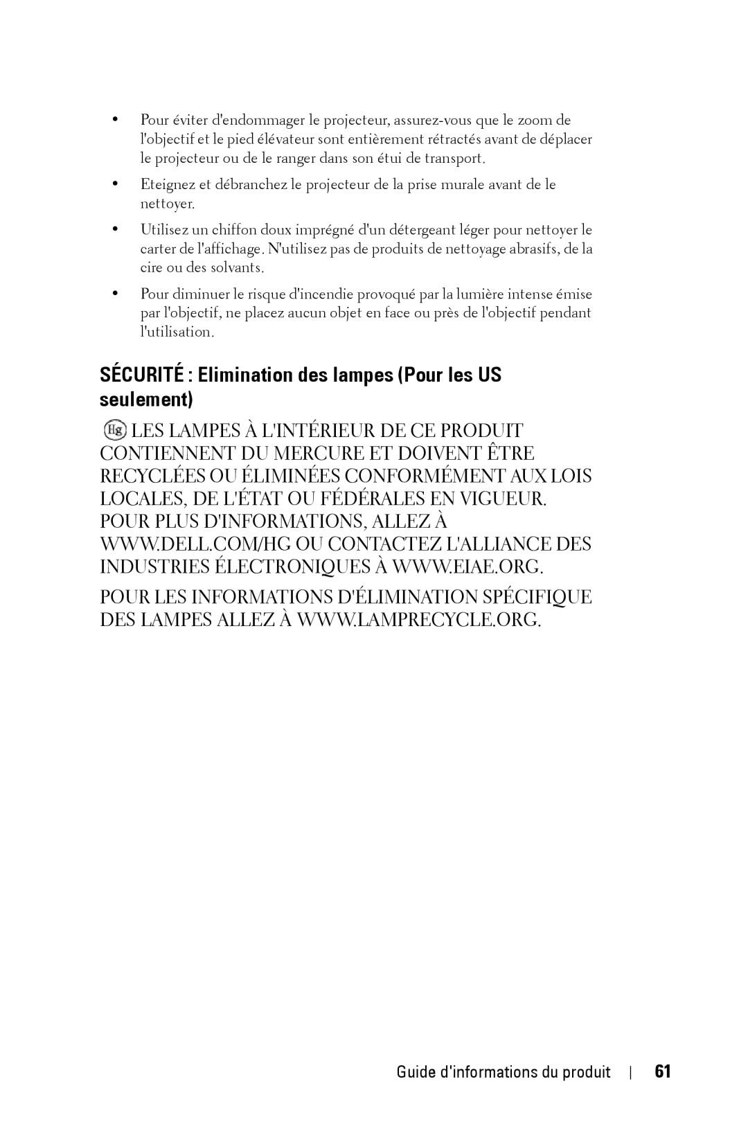 Dell XXX manual Sécurité Elimination des lampes Pour les US seulement 