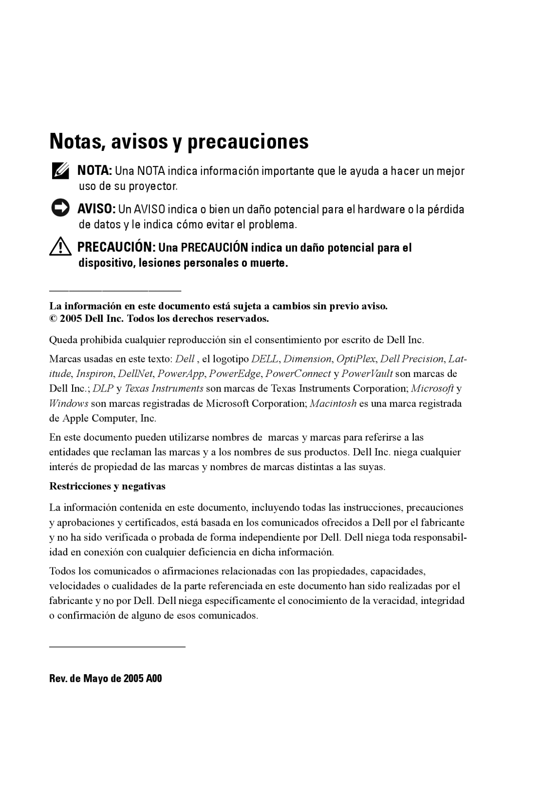 Dell XXX manual Notas, avisos y precauciones, Restricciones y negativas 