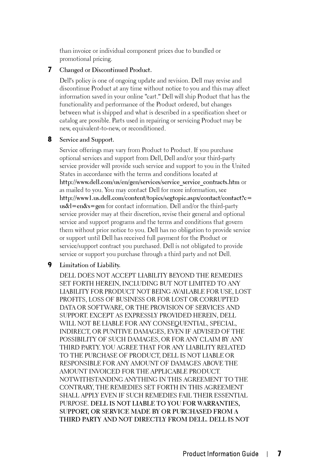 Dell XXX manual Changed or Dis Product, Service and Support Limitation of Liability 
