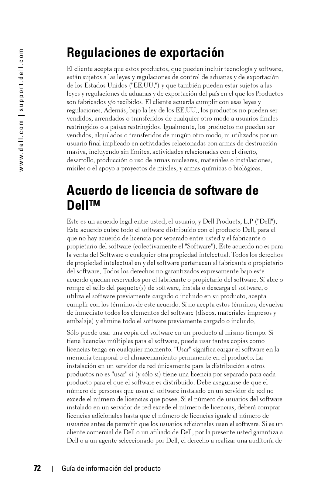 Dell XXX manual Regulaciones de exportación, Acuerdo de licencia de software de Dell 