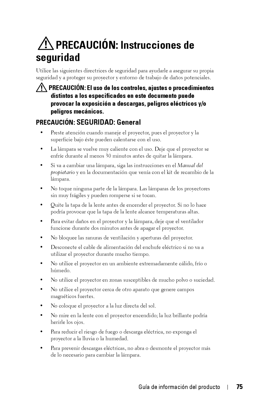 Dell XXX manual Precaución Instrucciones de seguridad, Precaución Seguridad General 