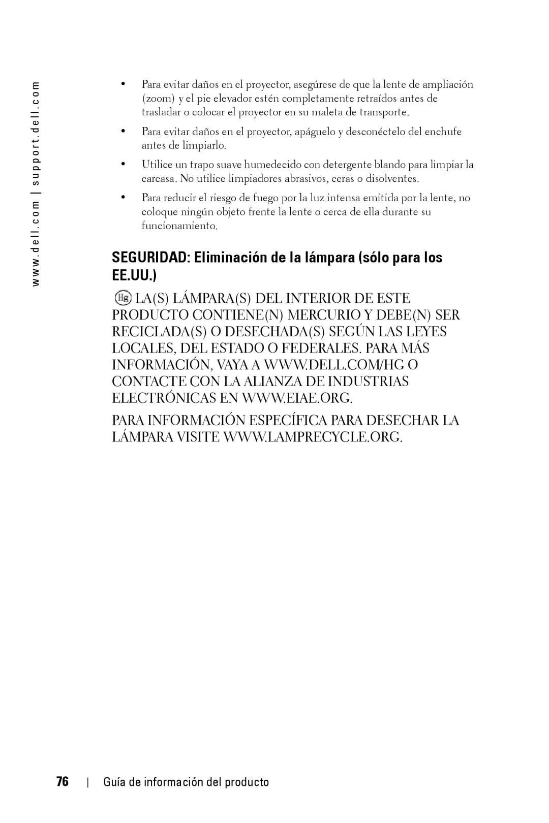 Dell XXX manual Seguridad Eliminación de la lámpara sólo para los EE.UU 