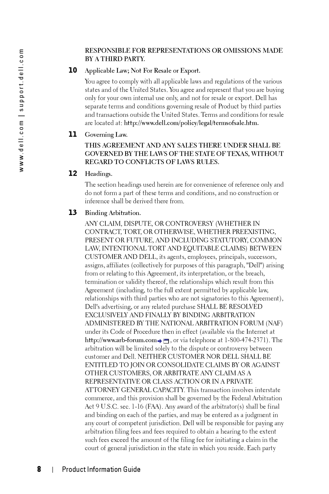 Dell XXX manual Applicable Law Not For Resale or Export Governing Law, Headings, Binding Arbitration 