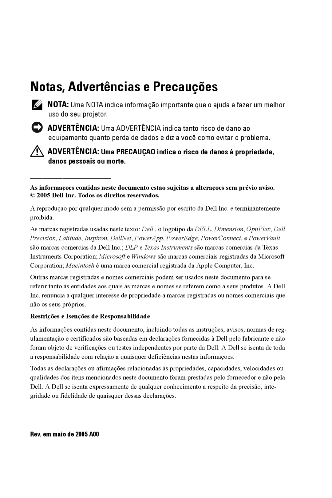 Dell XXX manual Notas, Advertências e Precauções, Restrições e Isenções de Responsabilidade 